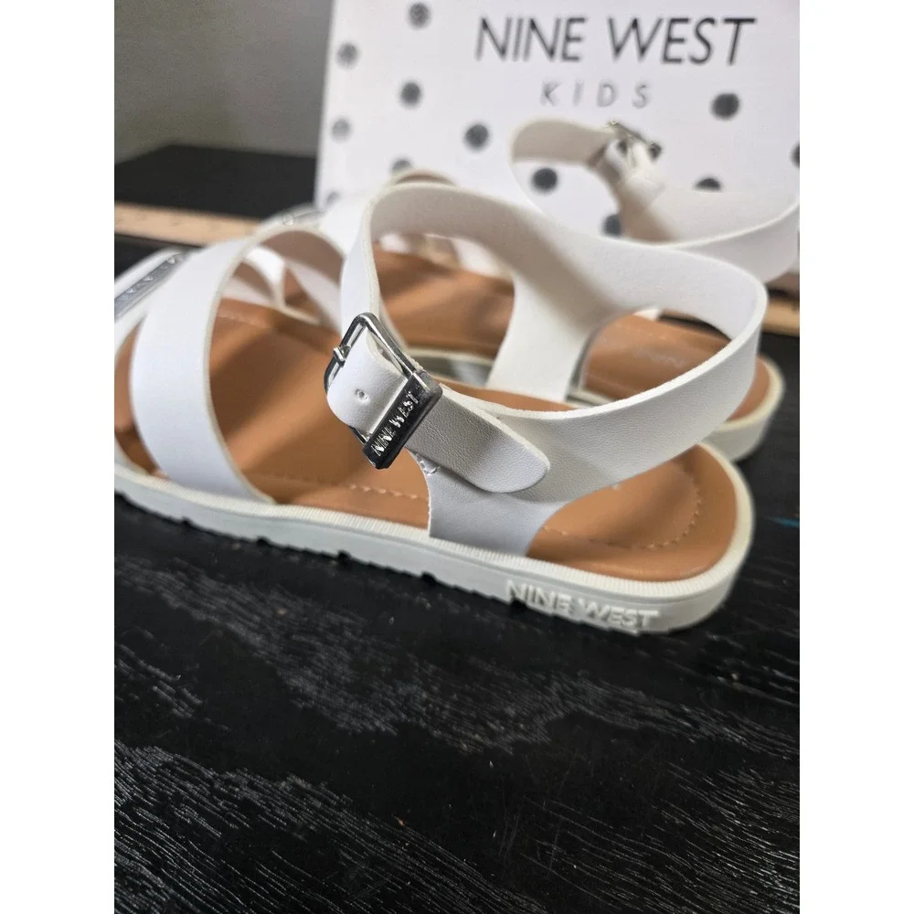 Nine West Kids White Triple Strap Logo Plate Buckle Sandals Size 3